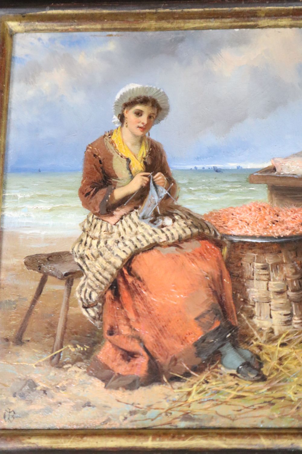 Edward Charles Barnes (1830-1882), The Shrimp Seller, signed with monogram l.l., oil on board, 20.5cm x 17cm